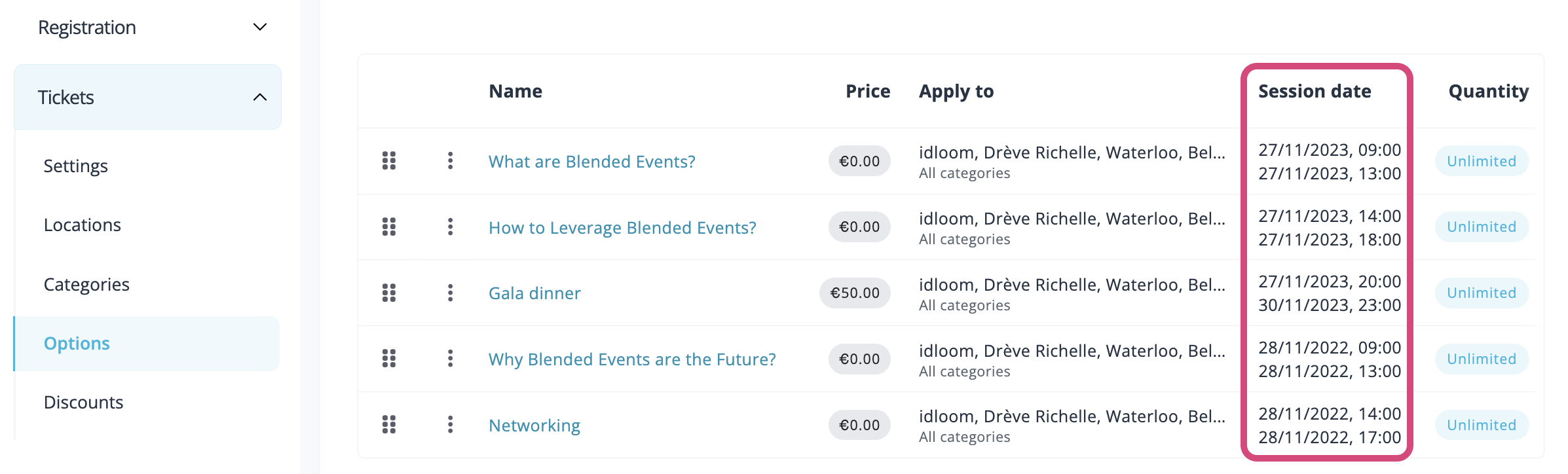  Saisissez les dates pour vos options.