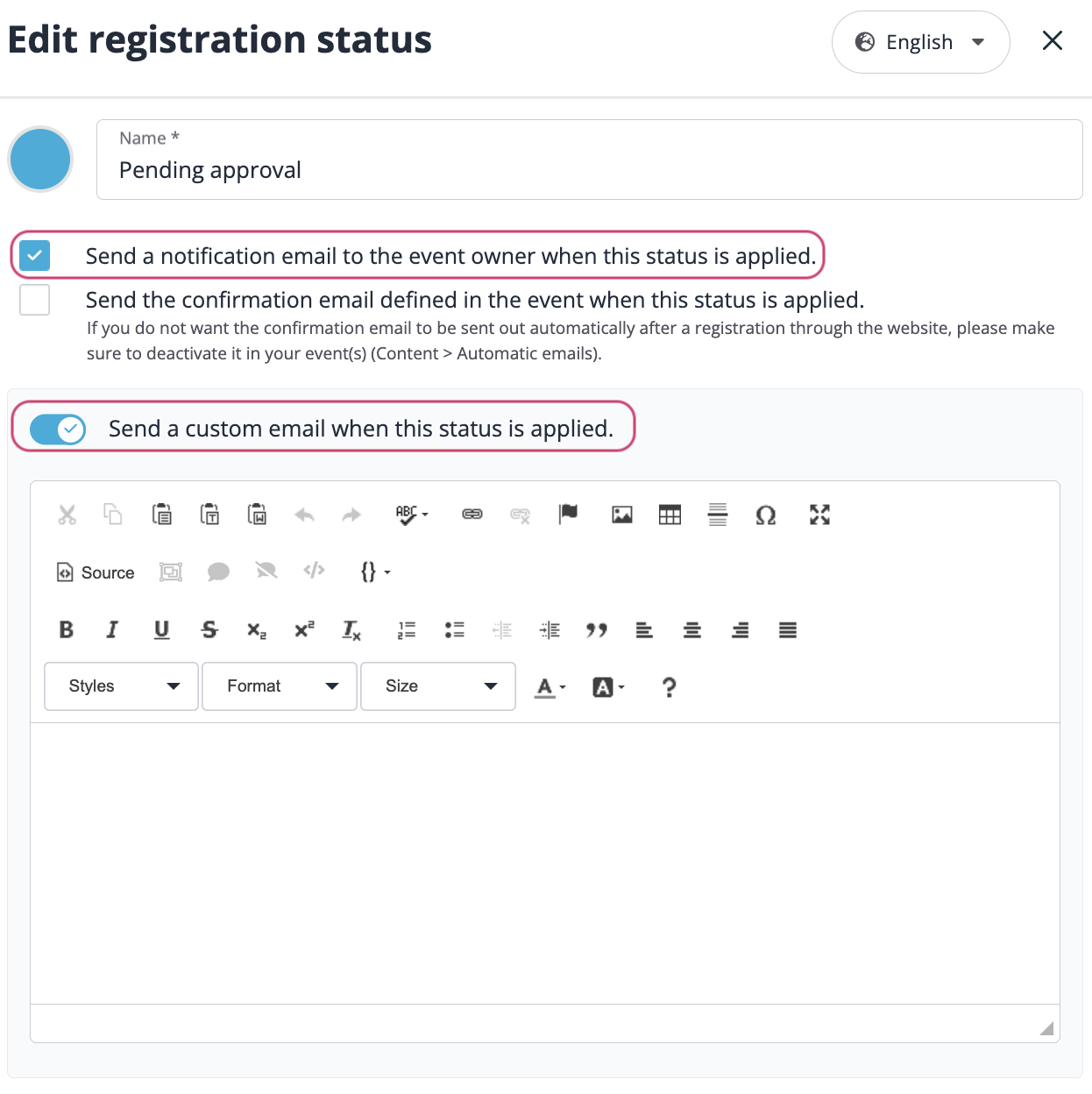 Pour le statut "en attente d'approbation", activer le mail de notification et le mail personnalisé