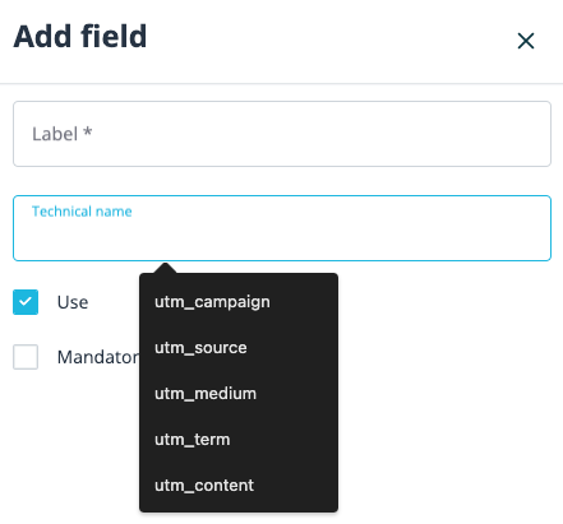 Hidden field label, technical names suggestions as list (utm_campaign, utm_source, utm_medium, utm_term, utm_context)
